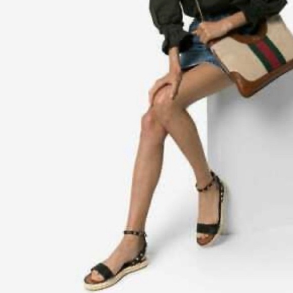 Valentino rockstud T 20 black leather stud ankle strap espadrille flat sandal 38 - Picture 6 of 6